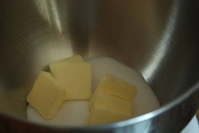 Butter and sugar in mixing bowl