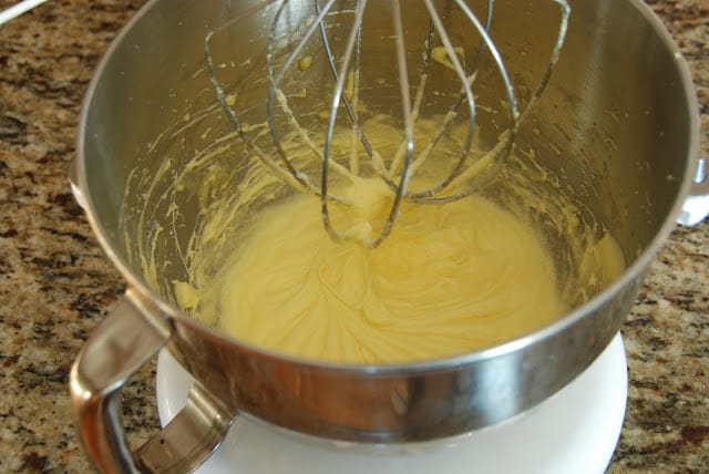 Mixing bowl with blended sugar and eggs