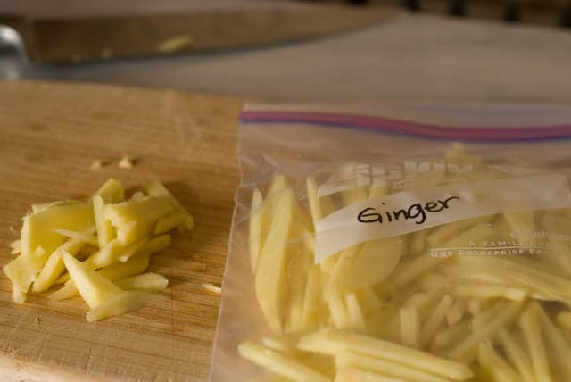 Julienned strips of fresh ginger in resealable bag