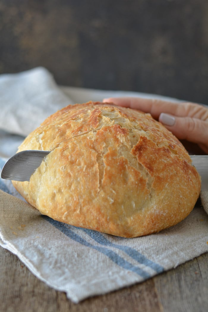 No-knead Crusty Bread being sliced