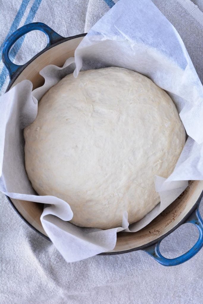 No-knead Crusty Bread dough in a dutch oven