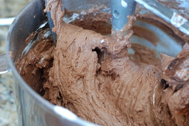 Chocolate cookie batter in mixer