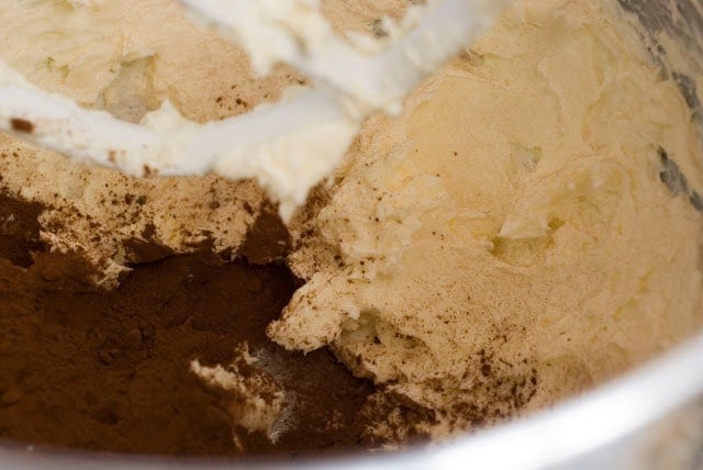 cocoa added to butter and cream cheese