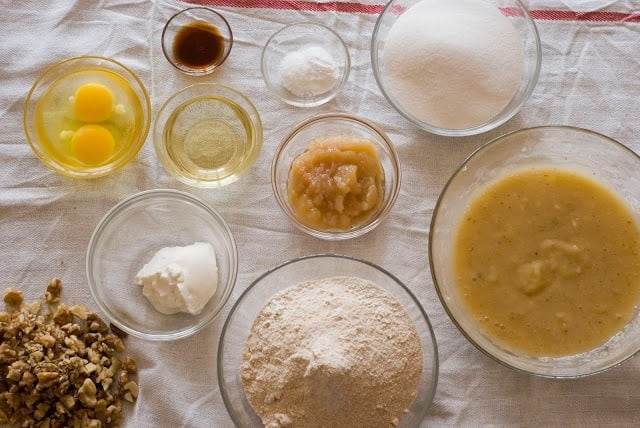 Overhead shot of all ingredients measure in bowls