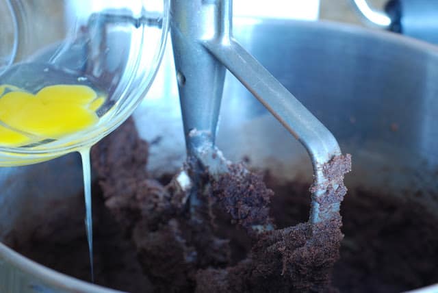 Adding eggs to chocolate cookie mixture