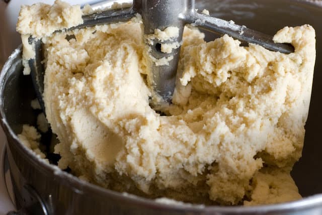 cookie dough in mixing bowl