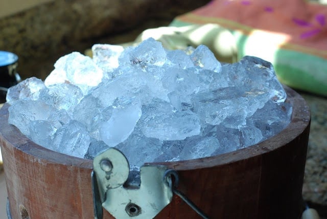 crushed ice and rock salt on top of churned ice cream maker