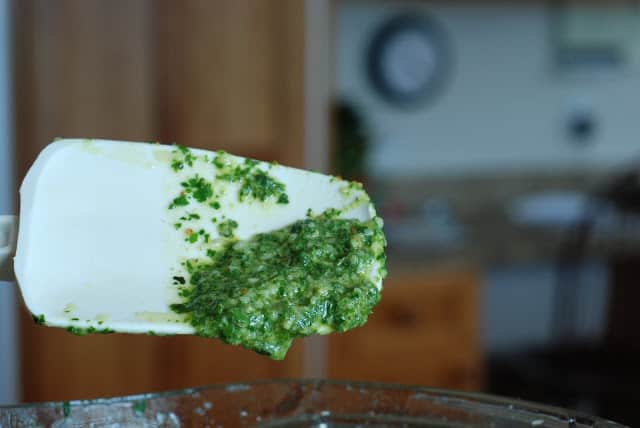 white spatula showing consistency of basil pesto