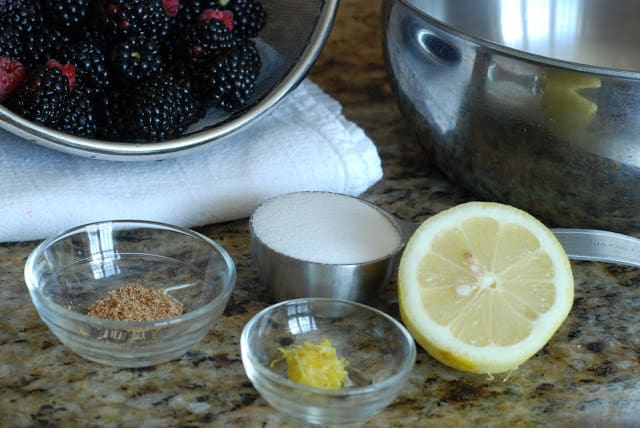 ingredients for blackberry sauce, bowl of blackberries, lemon half, sugar, lemon zest and nutmeg