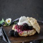 rustic blackberry shortcake on wood board with blackberries as garnish