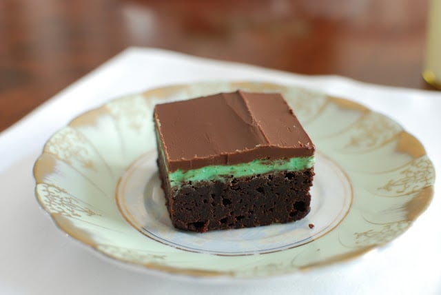 one mint layered brownie on a plate