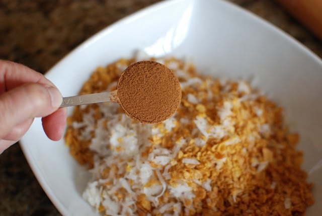 cornflakes, coconut, and cinnamon in a bowl
