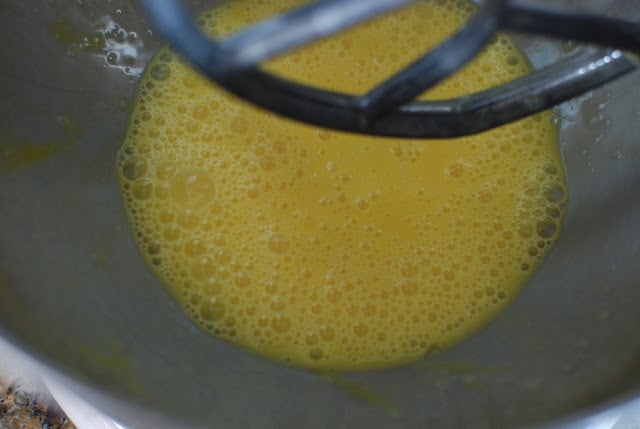 Beaten eggs in mixing bowl