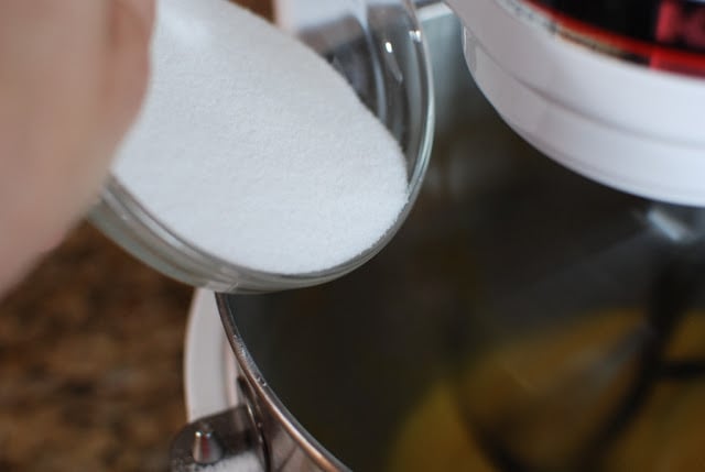 sugar added to mixing bowl with eggs