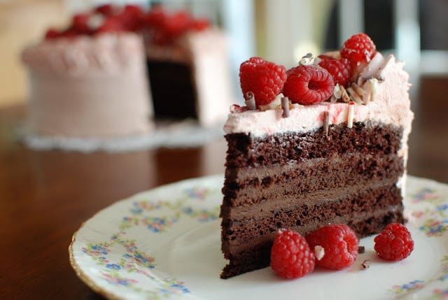 chocolate layer cake with berries