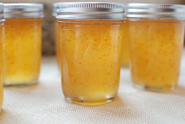several jars of habanero ginger jelly cooling on a cloth