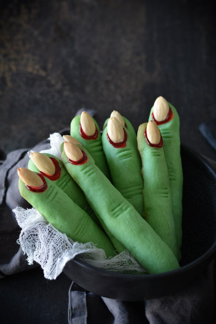 Creepy Witch Finger Cookies in a bowl