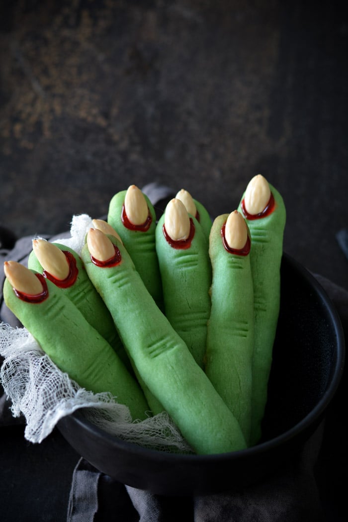 Creepy Witch Finger Cookies standing in bowl