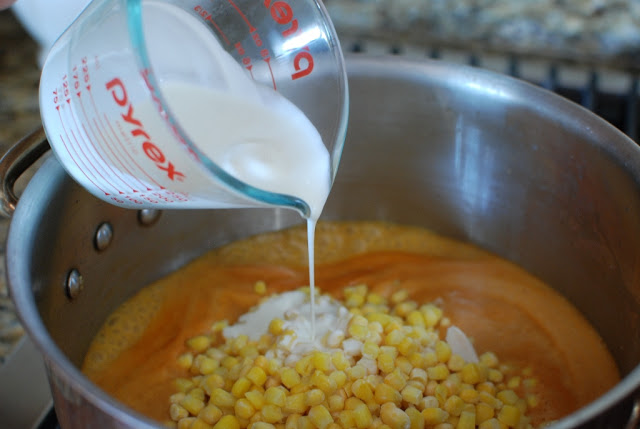 chicken, corn, and cream added to blended tortilla soup