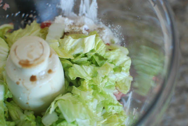 cabbage in food processor with pot sticker ingredients
