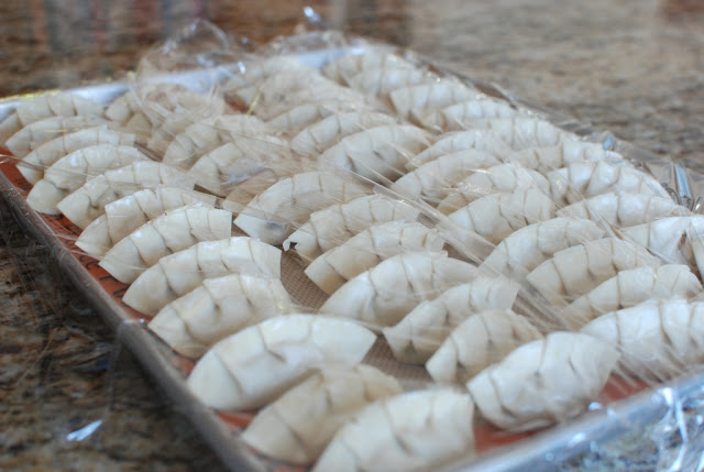 Baking sheet with potstickers covered with plastic wrap