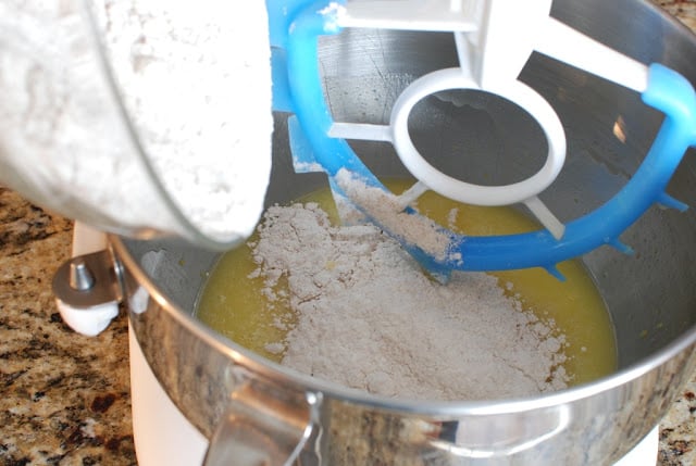 flour added to butter oil mixture in bowl