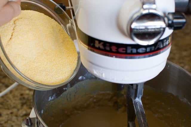 cornmeal pouring into bowl