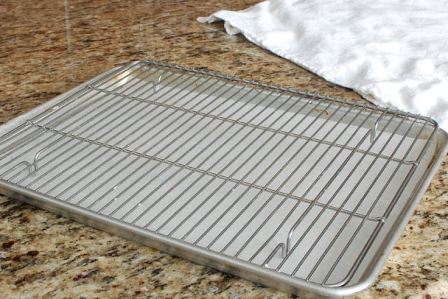 Baking sheet topped with a cooling rack