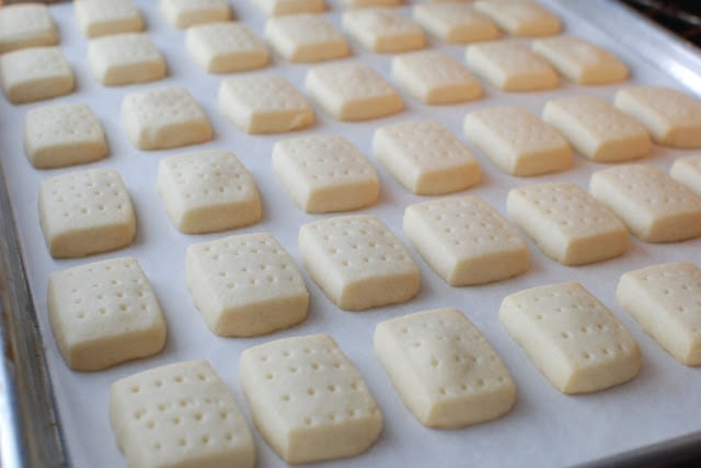 Baked shortbread on a baking sheet