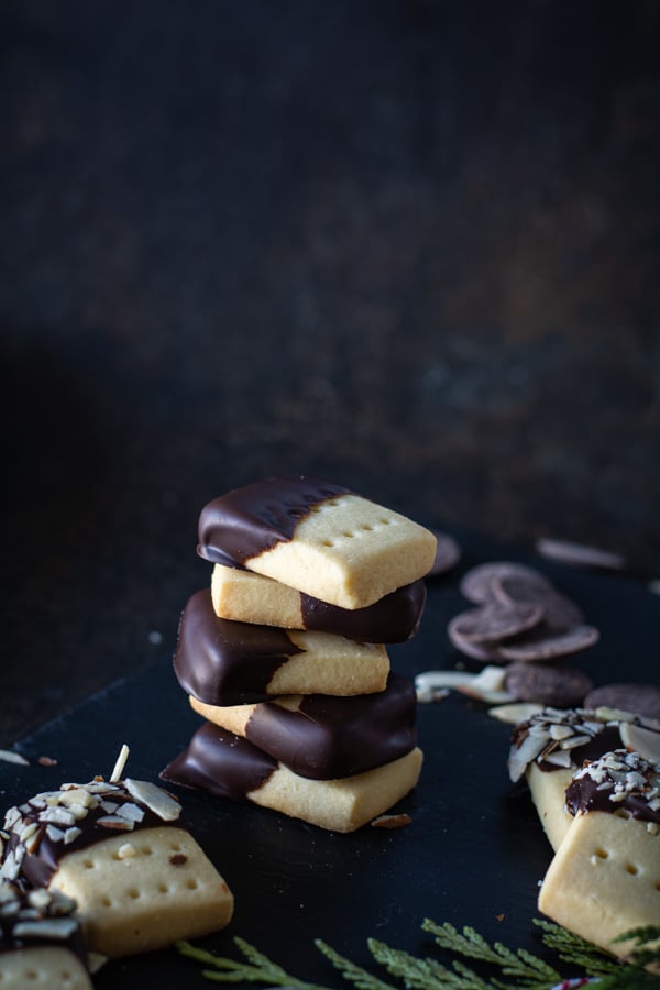 stacked chocolate dipped shortbread cookies