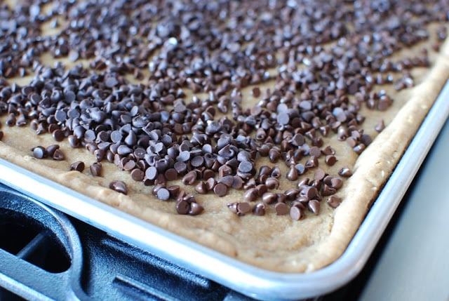 chocolate chips sprinkled over hot peanut butter bars