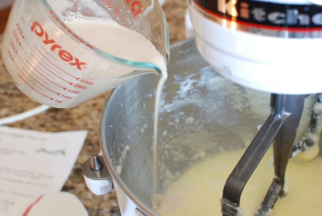 Dissolved water and yeast added to mixing bowl.