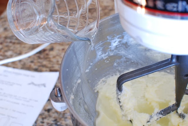 Water added to butter sugar mixture.