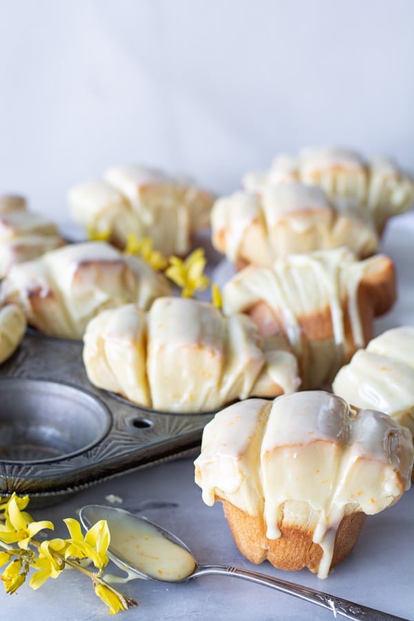 Muffin tin filled with orange glazed butterflake rolls.