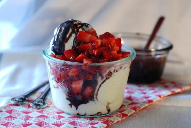 ice cream and strawberries in a bowl