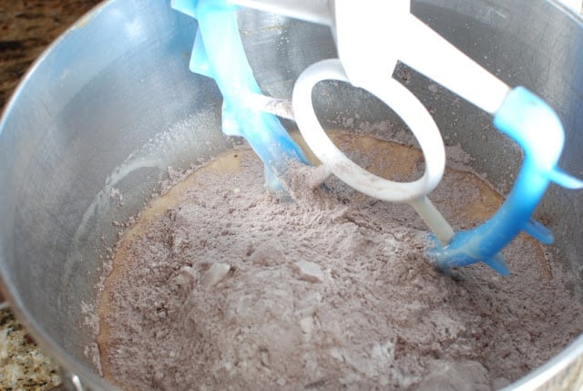 cocoa flour mixture in bowl of electric mixer