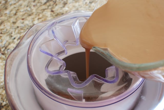 double Root beer ice cream base pouring into ice cream maker