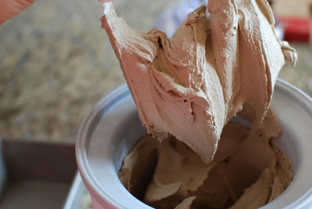 Root beer ice cream on dasher of ice cream maker