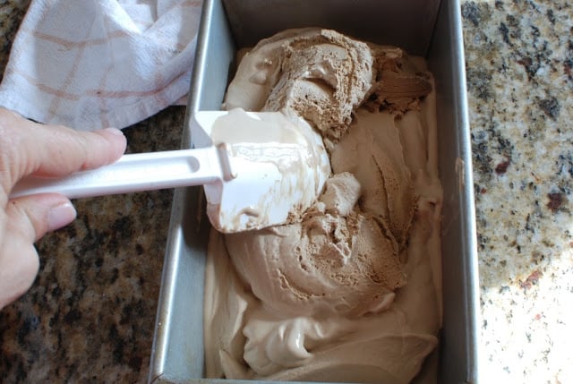 Homemade root beer ice cream transferred to metal bread pan