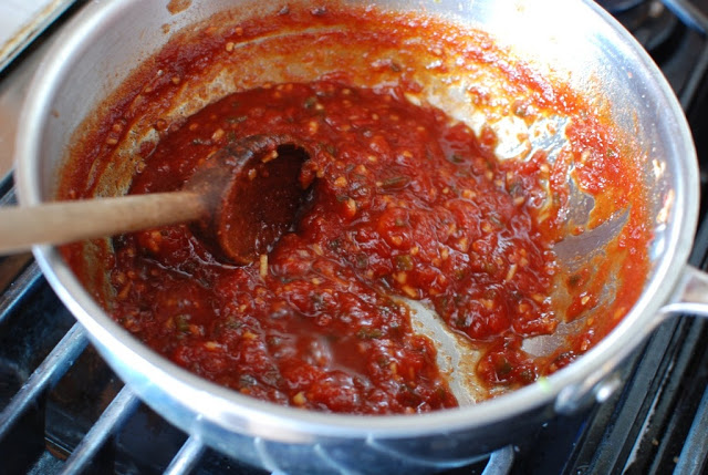 reduced tomato jam cooked in saucepan
