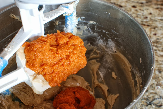 Spoonful of pumpkin added to cake batter