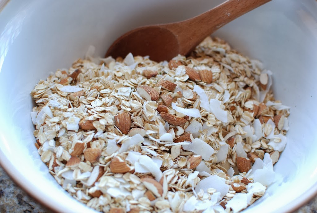 oats, coconut, almonds, in large bowl