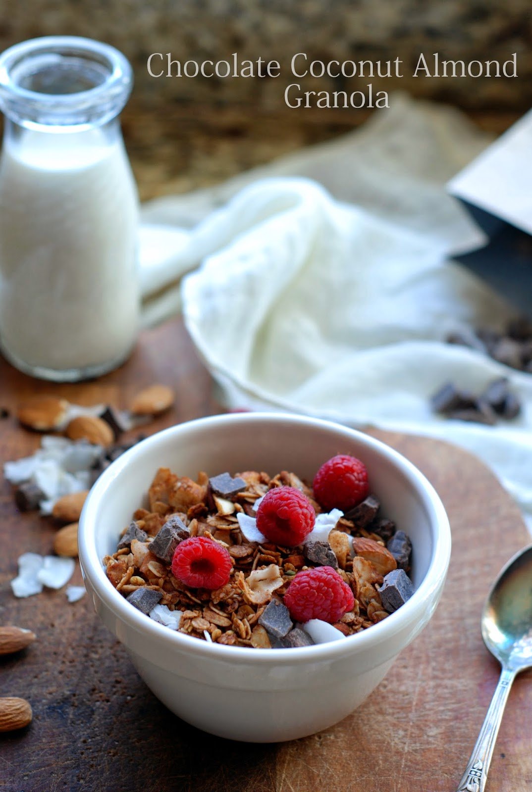 Chocolate granola in a bowl with fresh raspberries