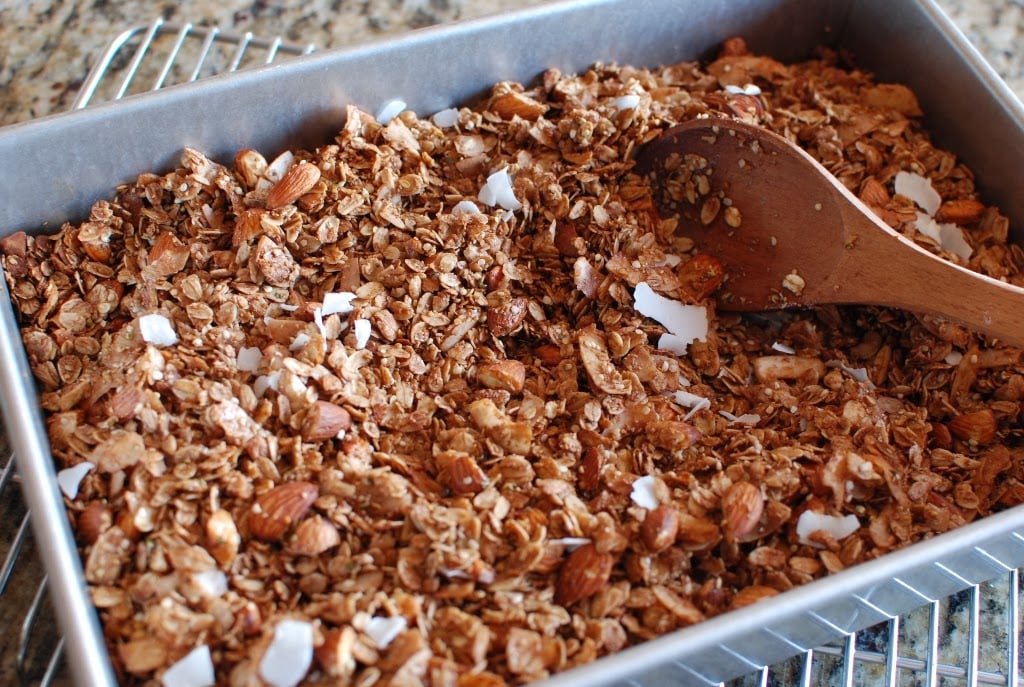 baked granola in baking pan