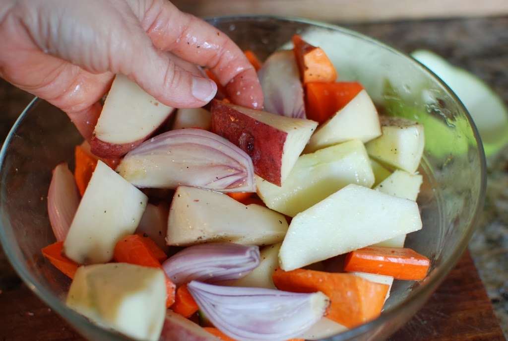 cut root vegetables tossed in bowl