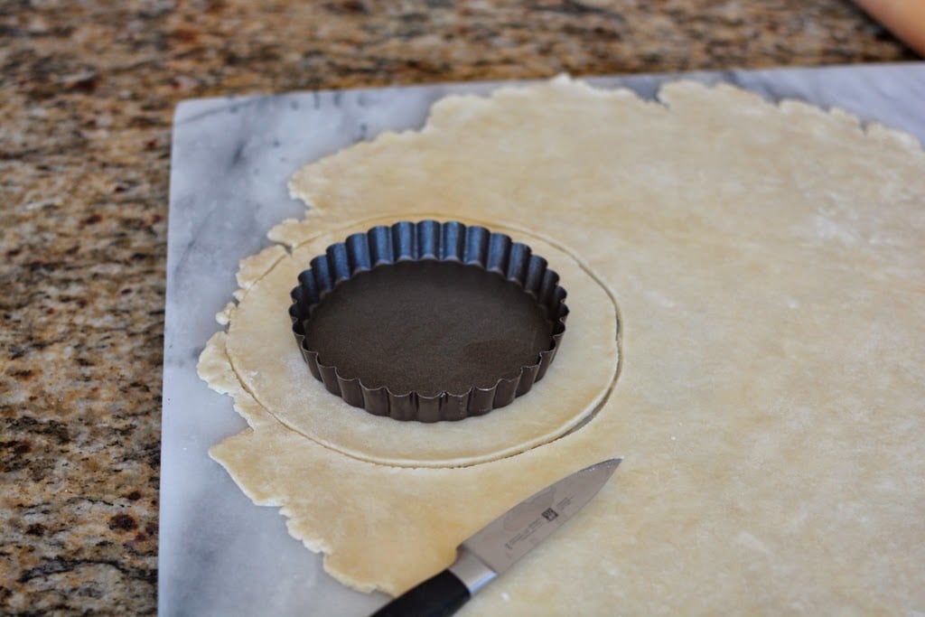 tart tin on pie dough cutout