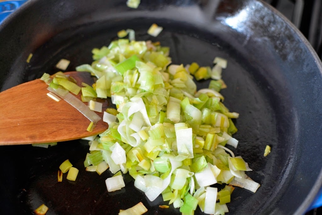 Sautéed leeks in fry pan