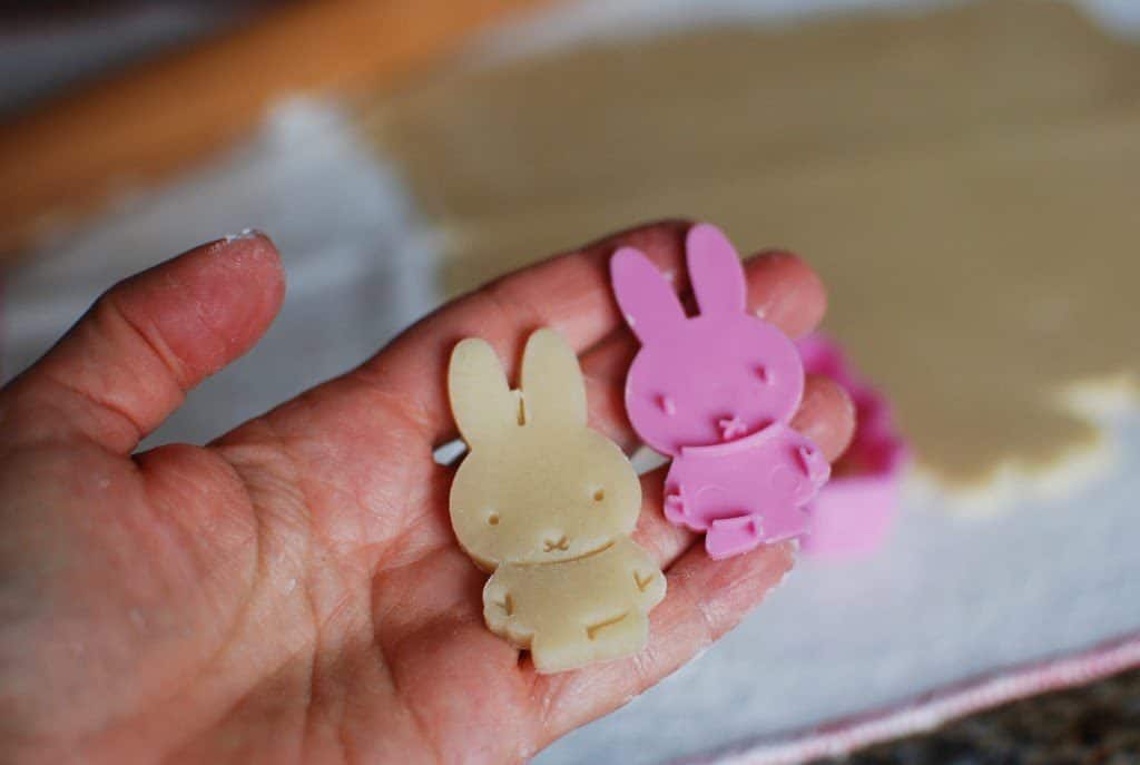 Hand holding cutout of bunny cookie and pink bunny cookie cutter together.