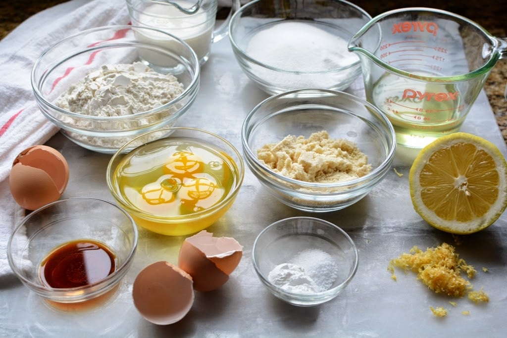 Ingredients measured for lemon olive oil cake.