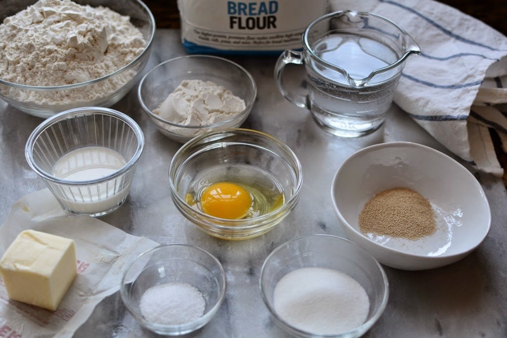 ingredients for buns measured in glass containers